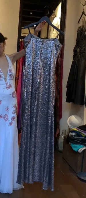 Silver Grey Strapless Cowl Neck Full Sequin Sheath Long Evening Prom Dress gh9793