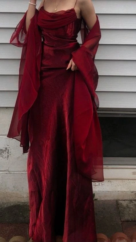✨Girlhomeshops-Burgundy Cowl Neck Chiffon Long Evening Dress With Shawl gh10174