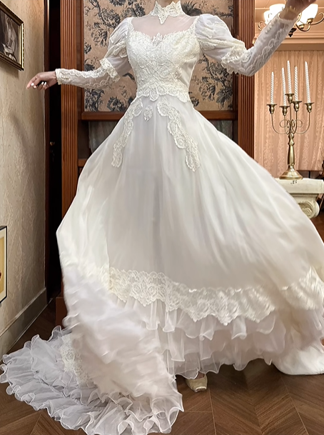 Ivory Vintage Tulle Wedding Prom Dress, Lace High Neck Illusion V‑Neck, Leg‑of‑Mutton Puff Sleeves, Lace Appliqués, Multi‑Tier Ruffle Cake Skirt gh8677