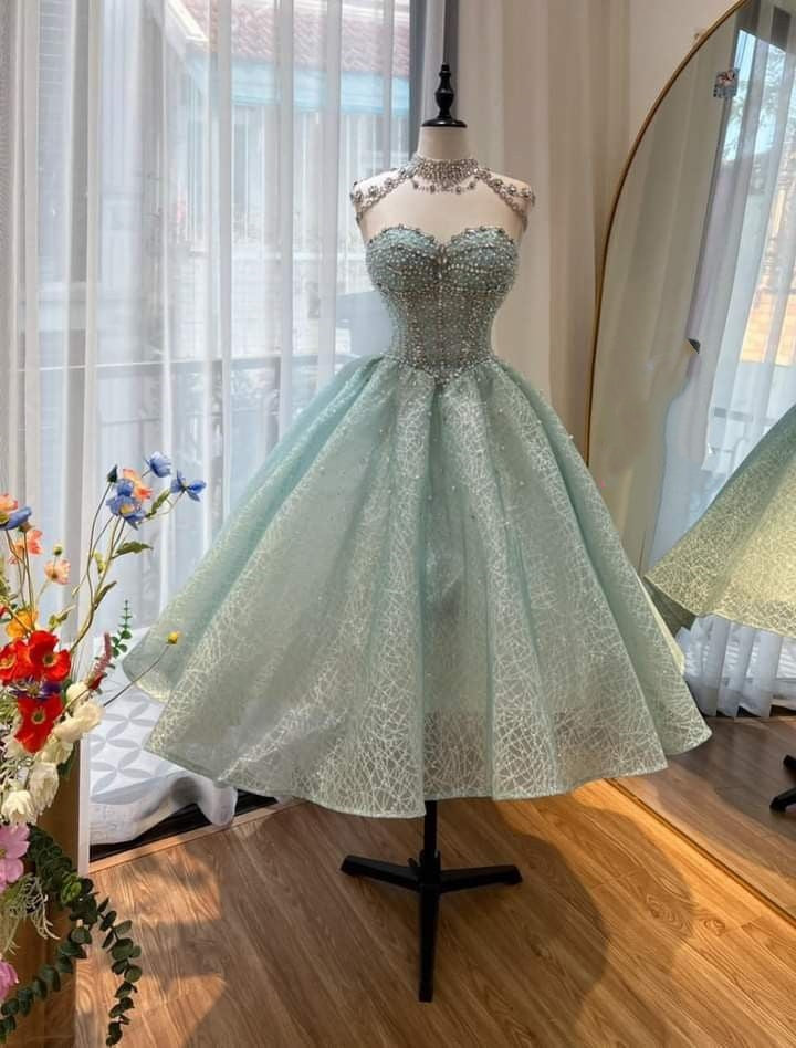 Grünes Perlenbesetztes elegantes langes Tüll-Ballkleid, Abendkleid, Partykleid gh4915
