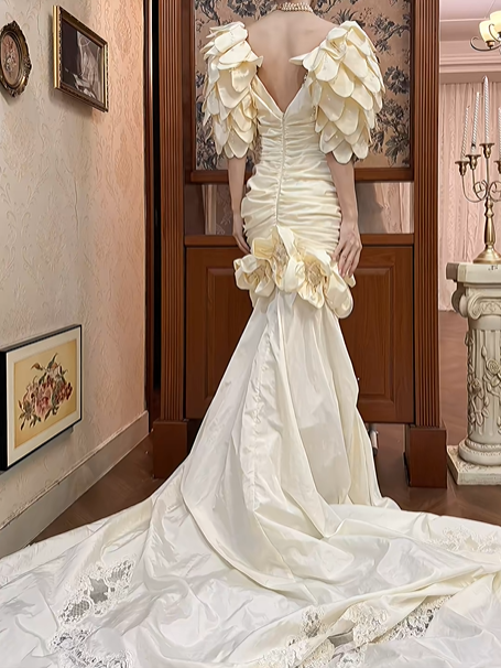Cream Vintage Satin Mermaid Wedding Prom Dress, Halter Pearl Straps, 3D Petal Sleeves, 3D Flowers Bows Lace Long Train gh8706