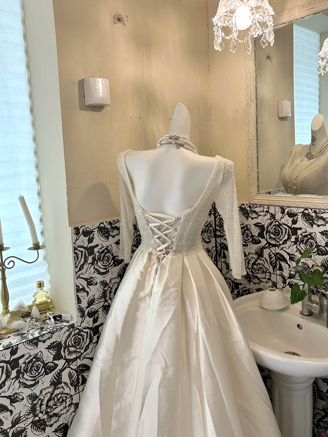 Ivory V-Neck Waist-Cinched Full Flared Skirt Luxury Elegant Romantic Dress, Wedding Gown gh7647