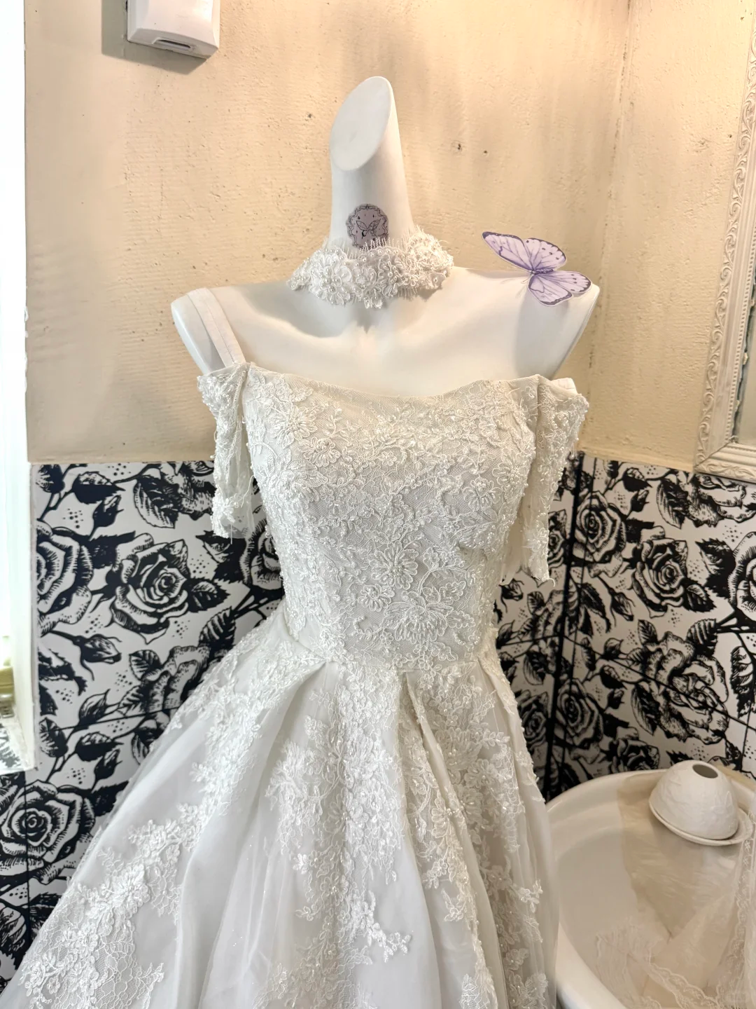 White Off-the-Shoulder Exquisite Embroidered Waist-Cinched Full Flared Skirt Long Romantic Dress, Wedding Gown gh7761