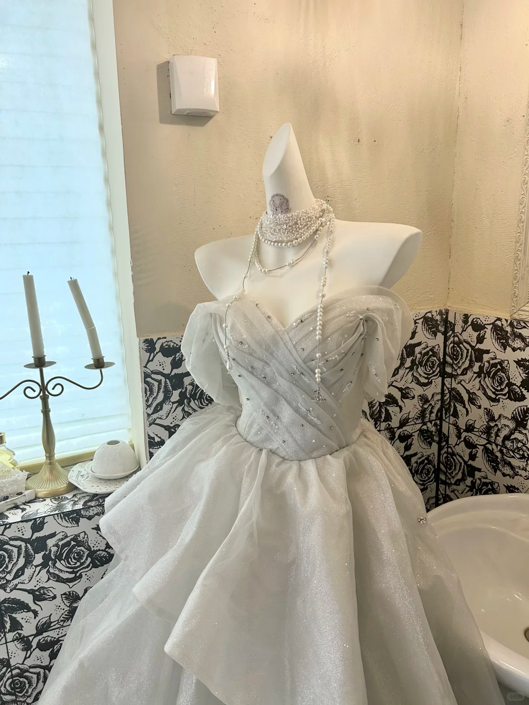 Light Grey Off-the-Shoulder Cinched Waist Tiered Skirt Long Romantic Dress, Wedding Gown gh7785