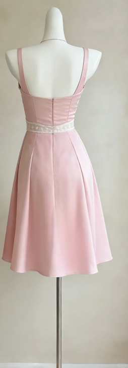 Square Neck Light Pink Satin Short Prom Gown Beaded Trim Butterfly Decor A-Line Skirt Lace Belt Cocktail Dress gh9475