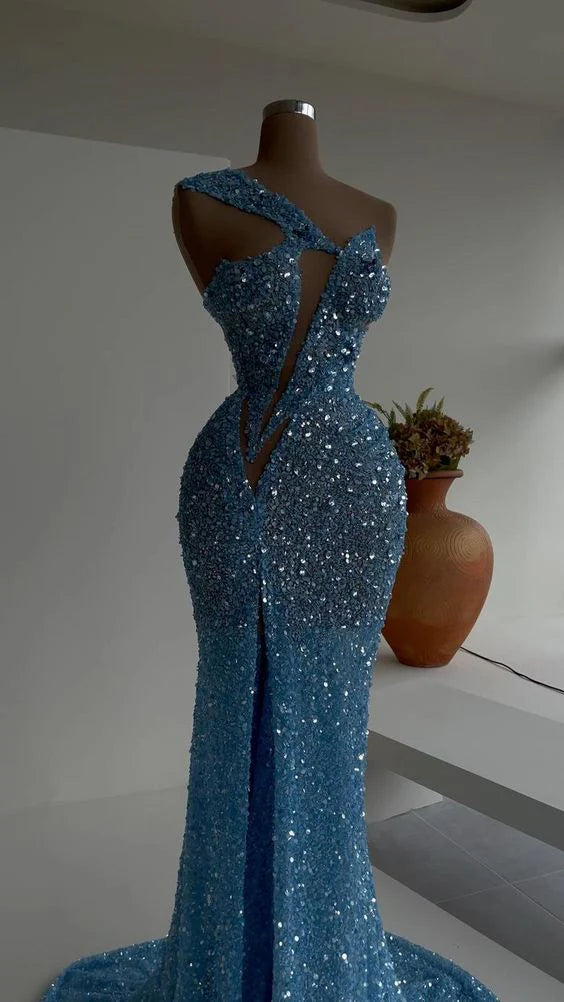 Robe de soirée longue et élégante à paillettes bleues, magnifique, sexy, fendue, style sirène, slim, longueur au sol, robe de bal, robe de soirée gh3389