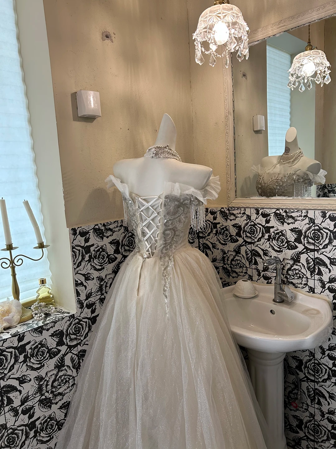 Ivory Gown With Silver Sequins, Vintage Luxury Waist-Cinched Full Flared Long Romantic Dress, Wedding Gown gh7716