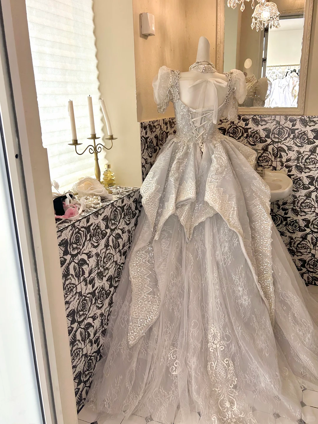 Silver Gray Puff Sleeve Waist-Cinched Voluminous Princess Skirt Long Romantic Dress, Wedding Gown gh7705