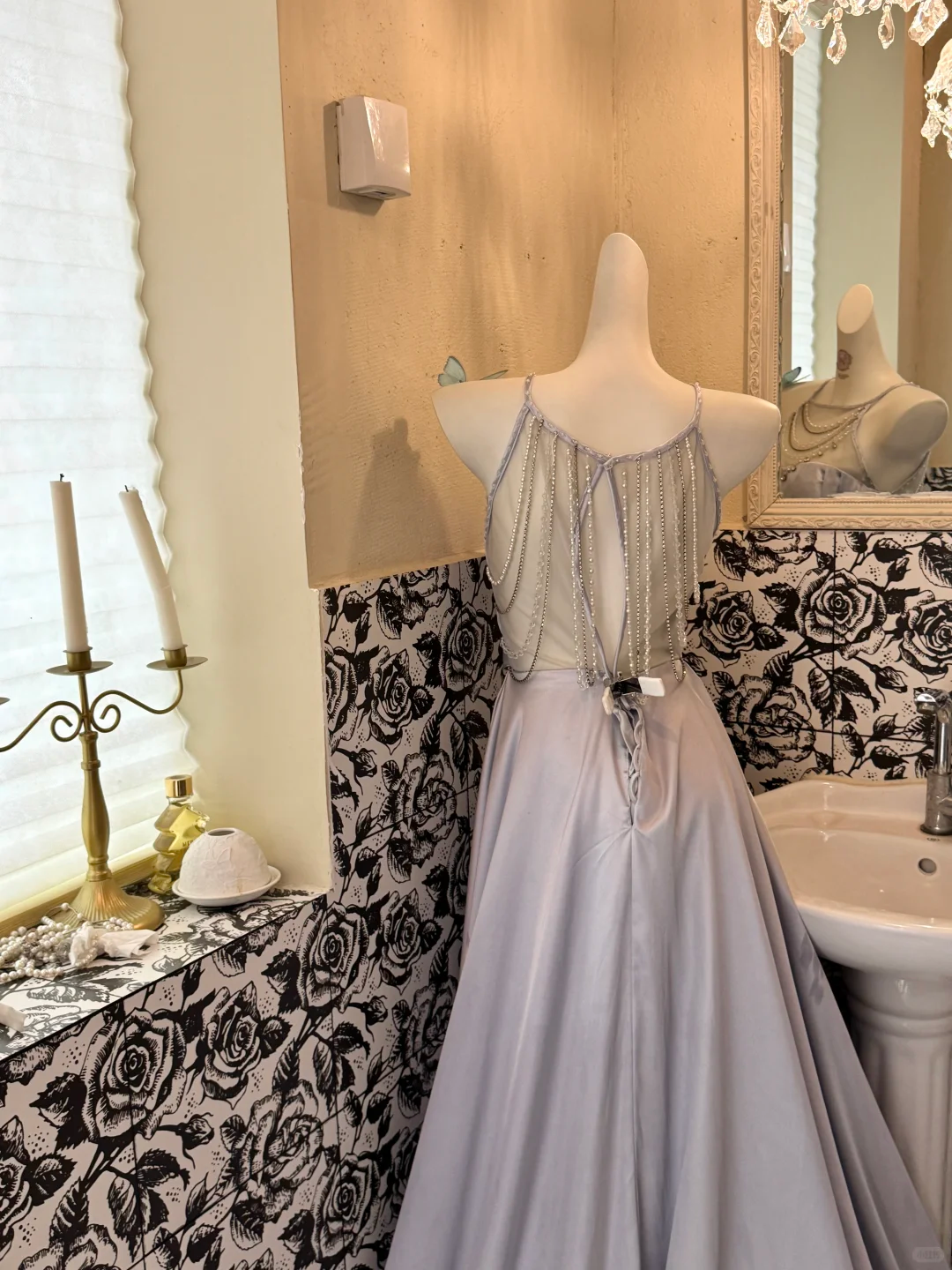 Dusty Lavender Halter Multi-Layer Beaded Chain Waist-Cinched Full Flared Long Romantic Dress, Wedding Gown gh7568