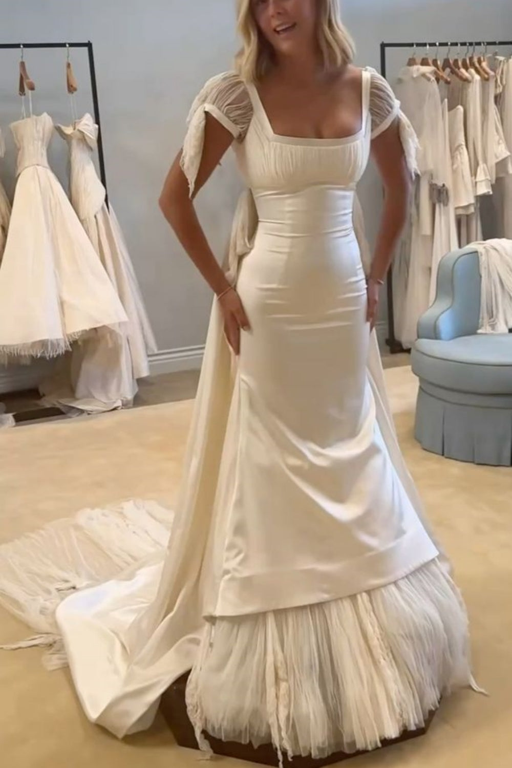 girlhomeshops-Weißes langes Tüll-Satin-Ballkleid mit kurzen Ärmeln/Hochzeitskleid/Brautkleid gh6271