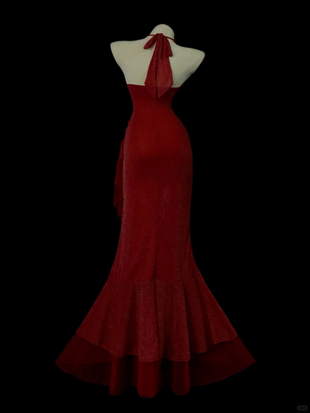 Wine‑Red Sparkly Mermaid Evening Gown, Halter Deep‑V Neck Backless Design, Ruched Waist Detail, Side Tiered Ruffle Trim, Fitted Mermaid Floor‑Length Skirt, Retro Formal Prom Photoshoot Party Dress gh8867