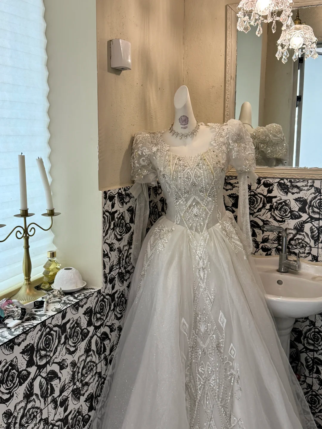 Ivory Rhombus Rhinestone Puff Sleeve Waist-Cinched Full Flared Romantic Dress, Wedding Gown gh7524