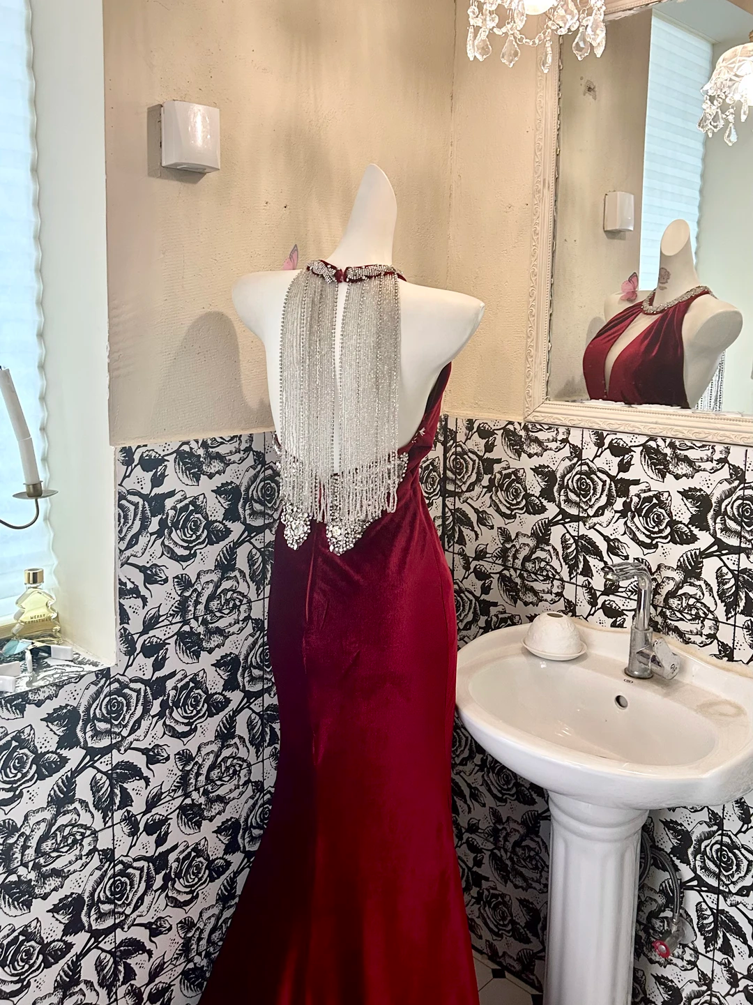 Burgundy Halter Waist-Cinched Slim Fit Mermaid Sexy Long Romantic Dress, Wedding Gown gh7619