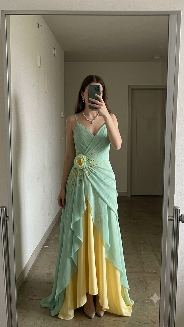 ✨Girlhomeshops-Spaghetti Strap Mint Green 3D Floral Beaded Color Block Long Prom Gown gh10226