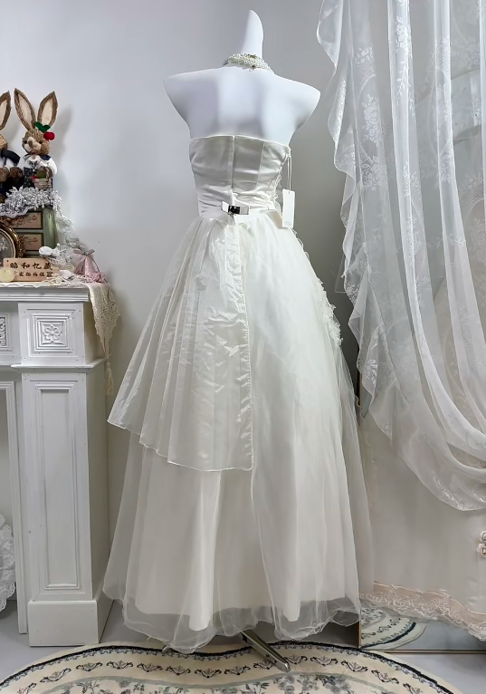 Off White Halter Long Wedding Gown, Sleeveless Hand Beaded Asymmetrical Layered Tulle Fairy Dress gh9279