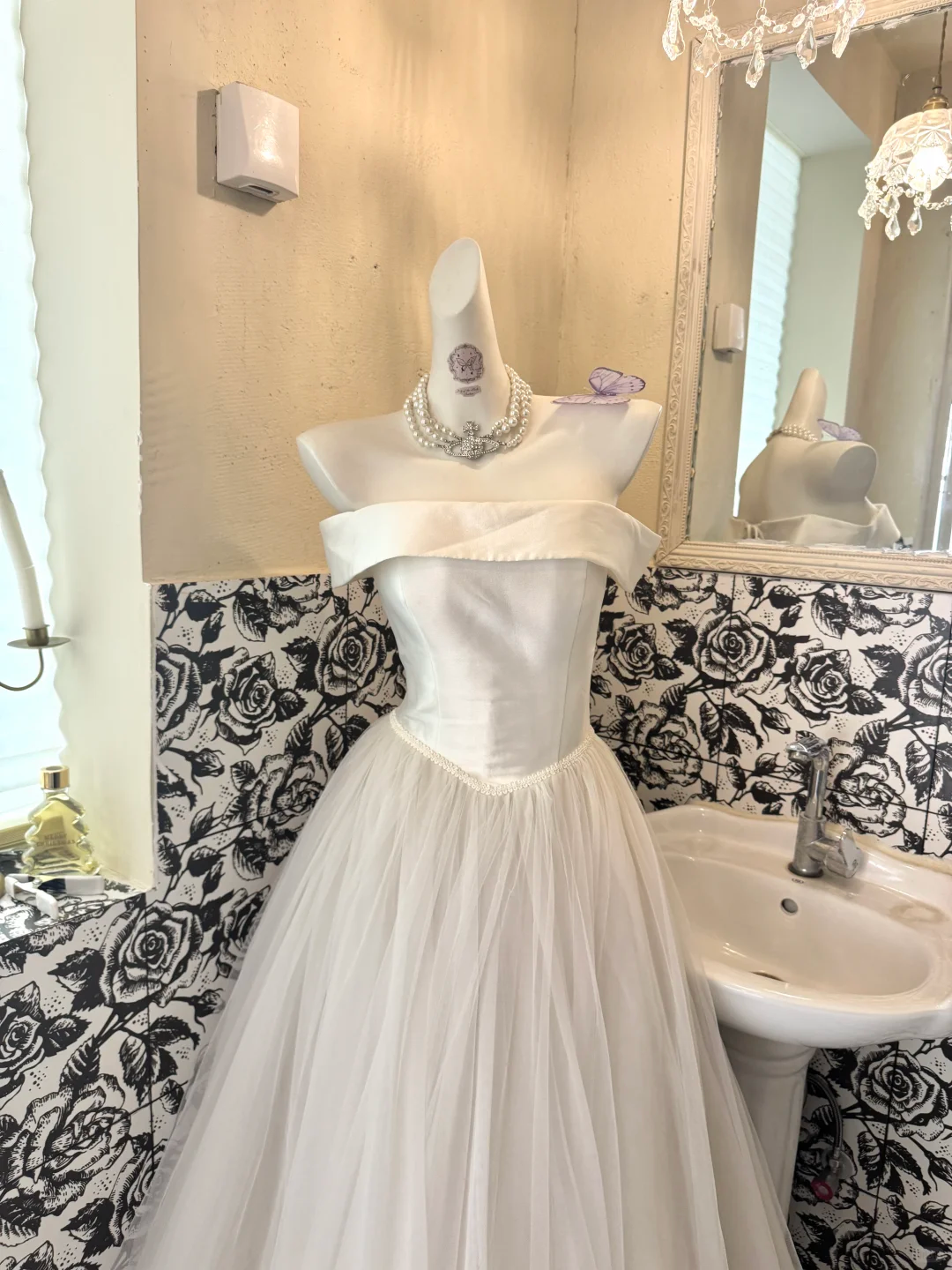 Ivory Off-the-Shoulder Minimalist Waist-Cinched Full Flared Skirt Long Romantic Dress, Wedding Gown gh7739