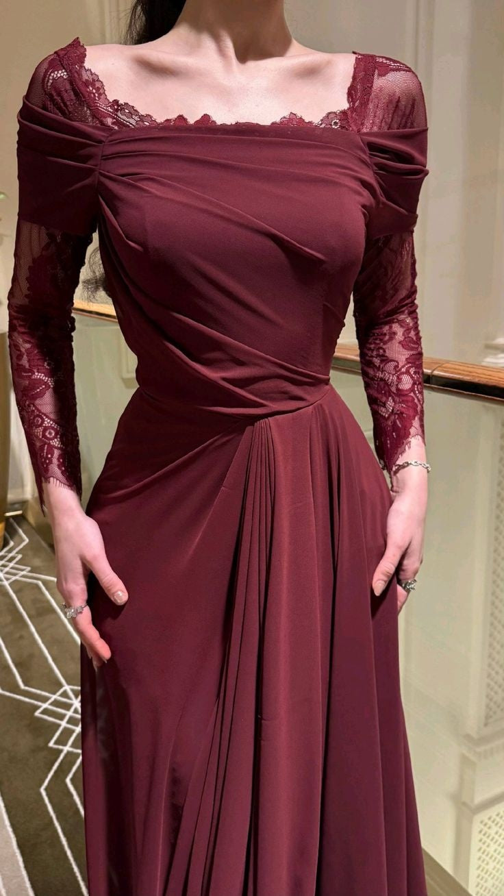 girlhomeshops-Rotes, langärmeliges Spitzen-Satin-Abendkleid gh6253