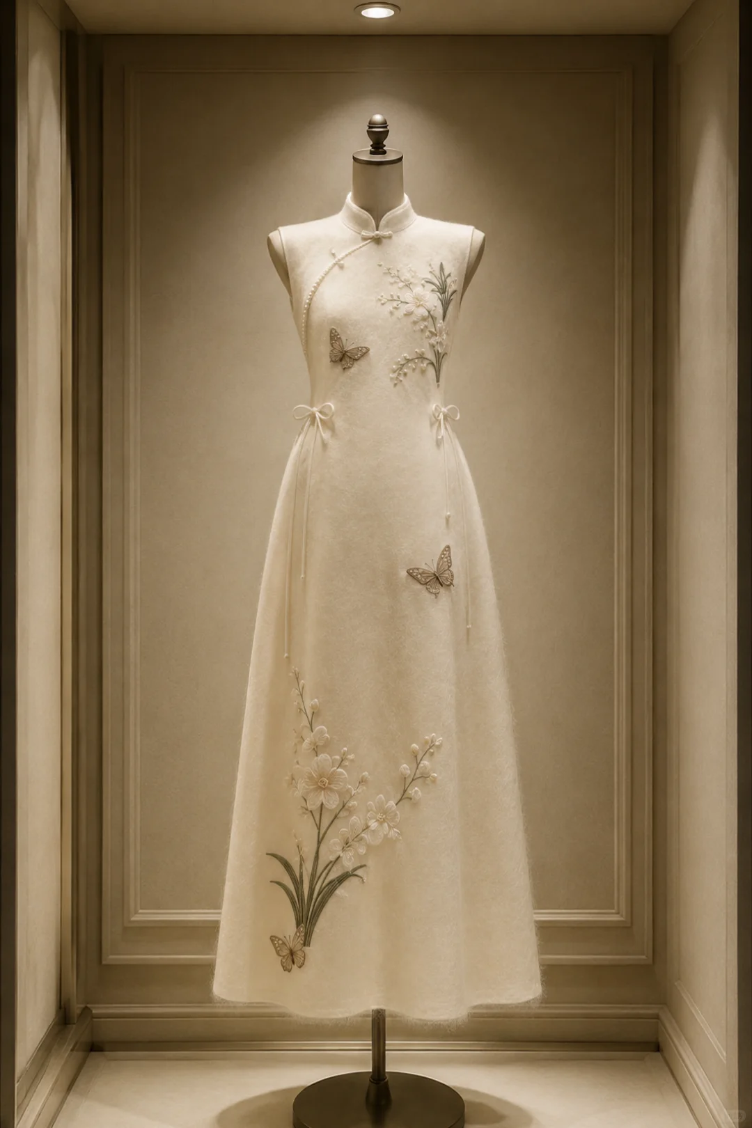 ✨Girlhomeshops-Cream High Collar Embroidered Cheongsam Dress with Butterfly & Orchid gh10417