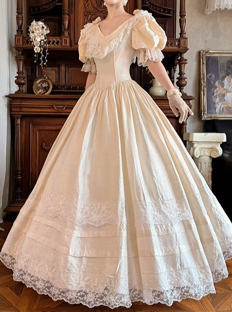 Off‑White Puff Sleeve Fitted Waist Vintage Palace‑Style Full Flared Skirt Long Prom Gown, Wedding Dress gh8607