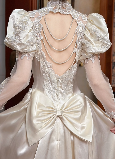Champagne Vintage Satin Wedding Gown, Illusion Lace High Neck Over Sweetheart Neck, Puff Shoulder Lace Long Sleeves, Gold‑Thread Lace Appliqué Pointed Waist, A‑Line Satin Long Train With Ruffle Lace Hem, Prom Dress gh8651