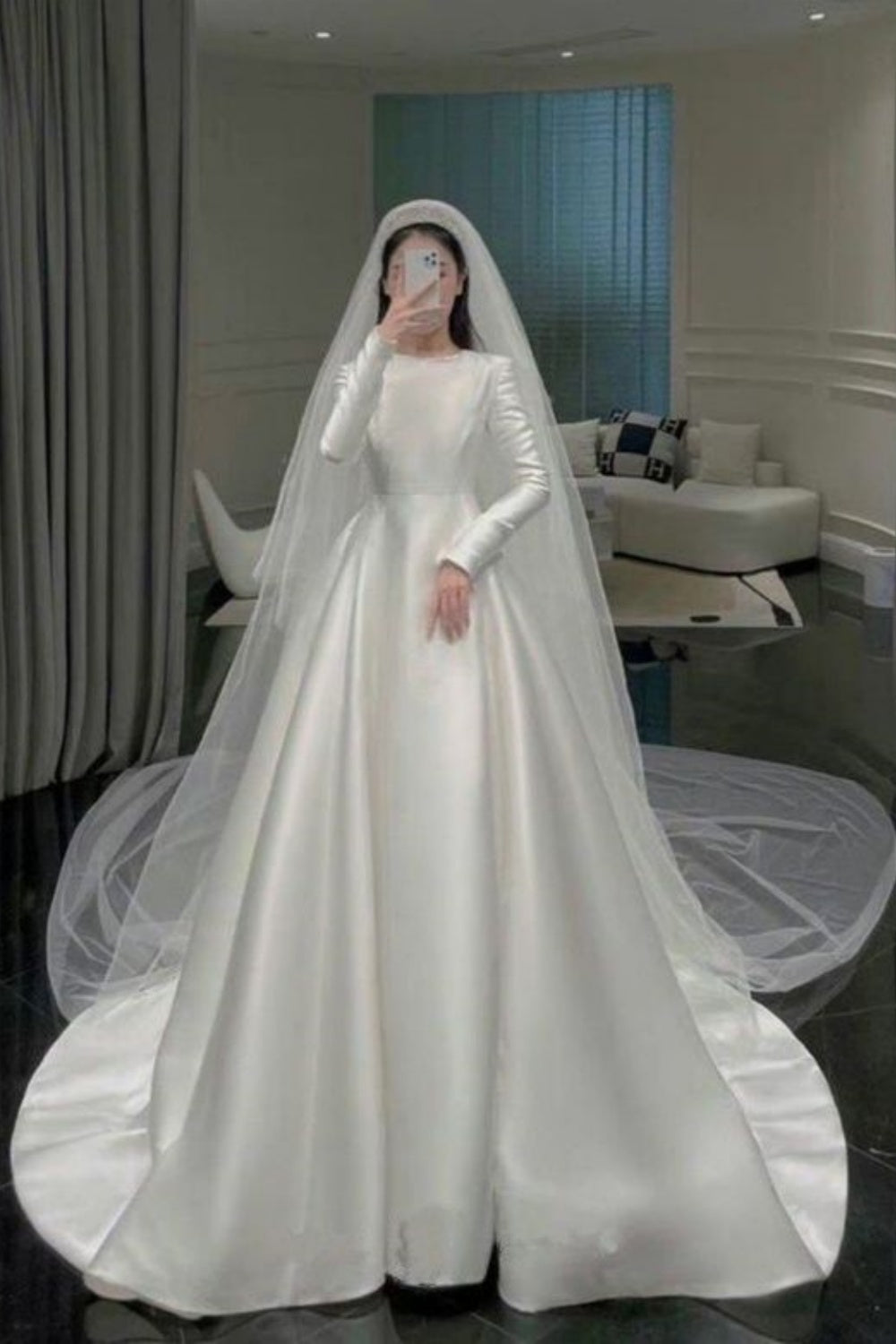 Minimalist Luxury Style Crew Neck Satin Long-Sleeve Gown | Ballgown Train Maxi Dress for Wedding Bridal Church Ceremony Engagement Banquet gh6413