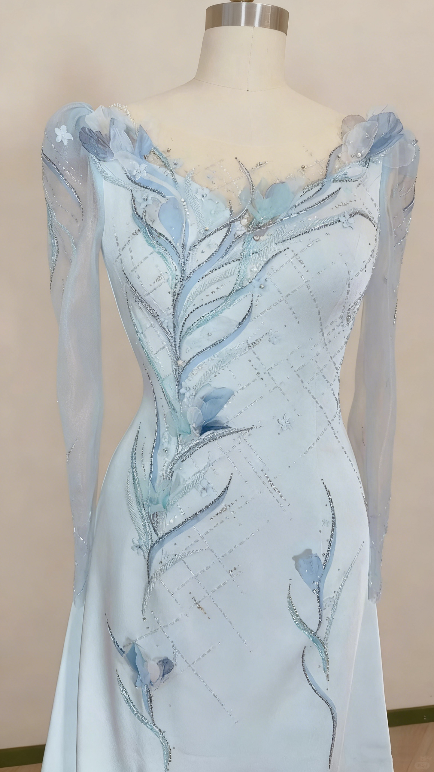Abendkleid Hellblau Satin Transparent Langärmelig Perlenbesetztes Blumenmuster Bodenlanges Abendkleid gh6389