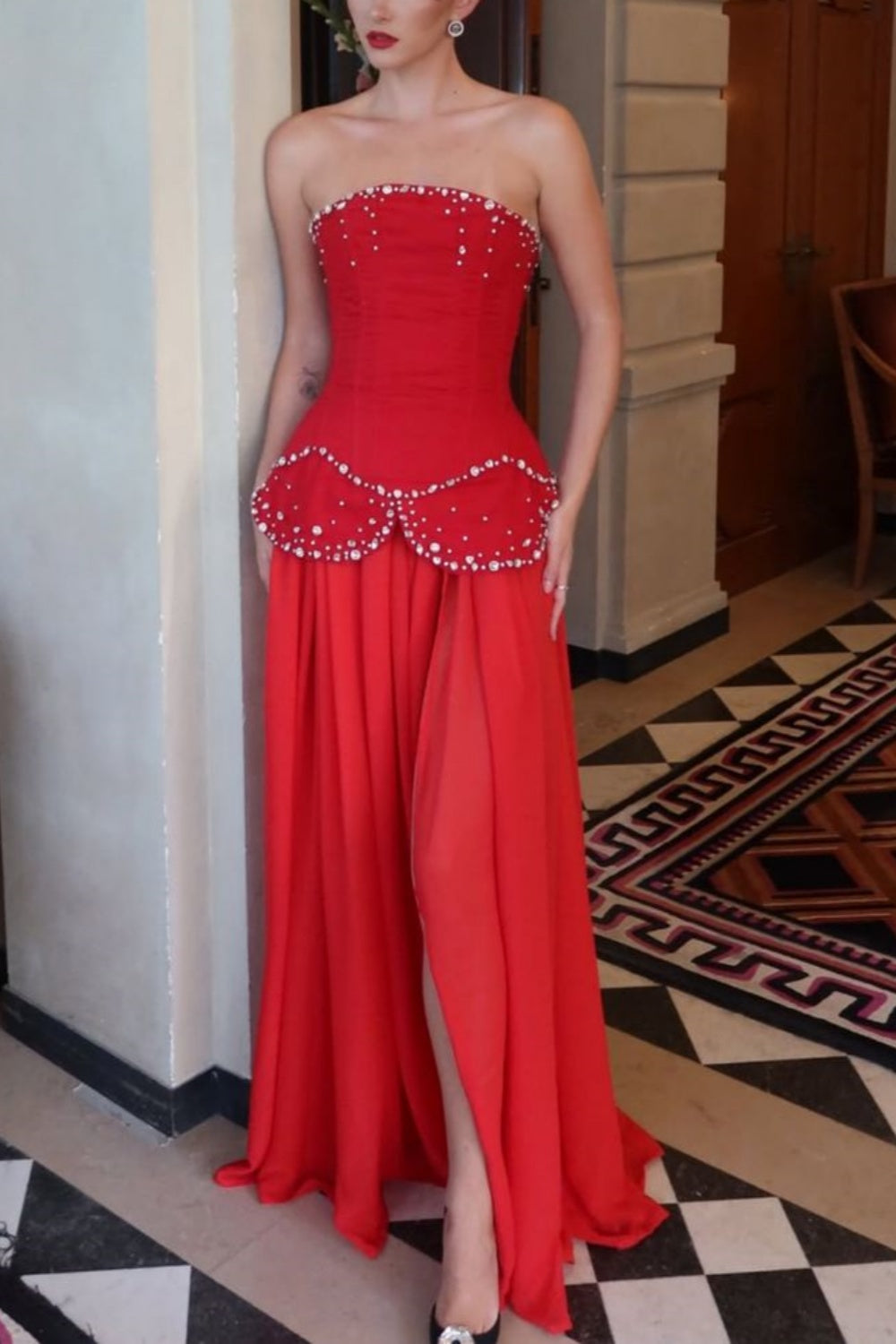 girlhomeshops - Robe longue rouge à perles gh6146