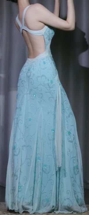 ✨Girlhomeshops-Light Lake Blue Floral Beaded Wide Strap Mermaid Prom Dress With Long Sashes gh10033