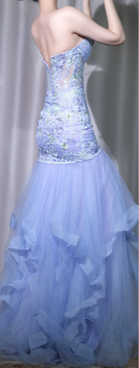 ✨Girlhomeshops-Lavender Strapless Floral Mermaid Prom Gown Ruffle Tulle Long Evening Dress gh10098