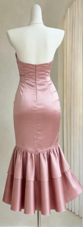 Halter V Neck Dusty Pink Satin Mermaid Evening Gown Ruched Bodycon Tiered Ruffle Midi Formal Dress gh9472