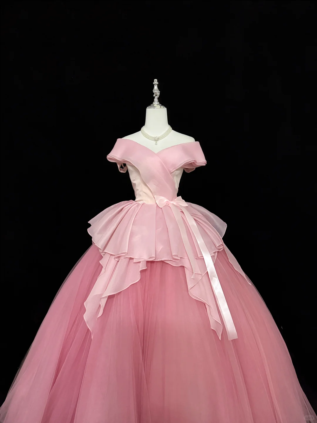 Blush Pink Off-the-Shoulder Soft Cinched Waist Voluminous Skirt Long Romantic Dress, Wedding Gown gh7875