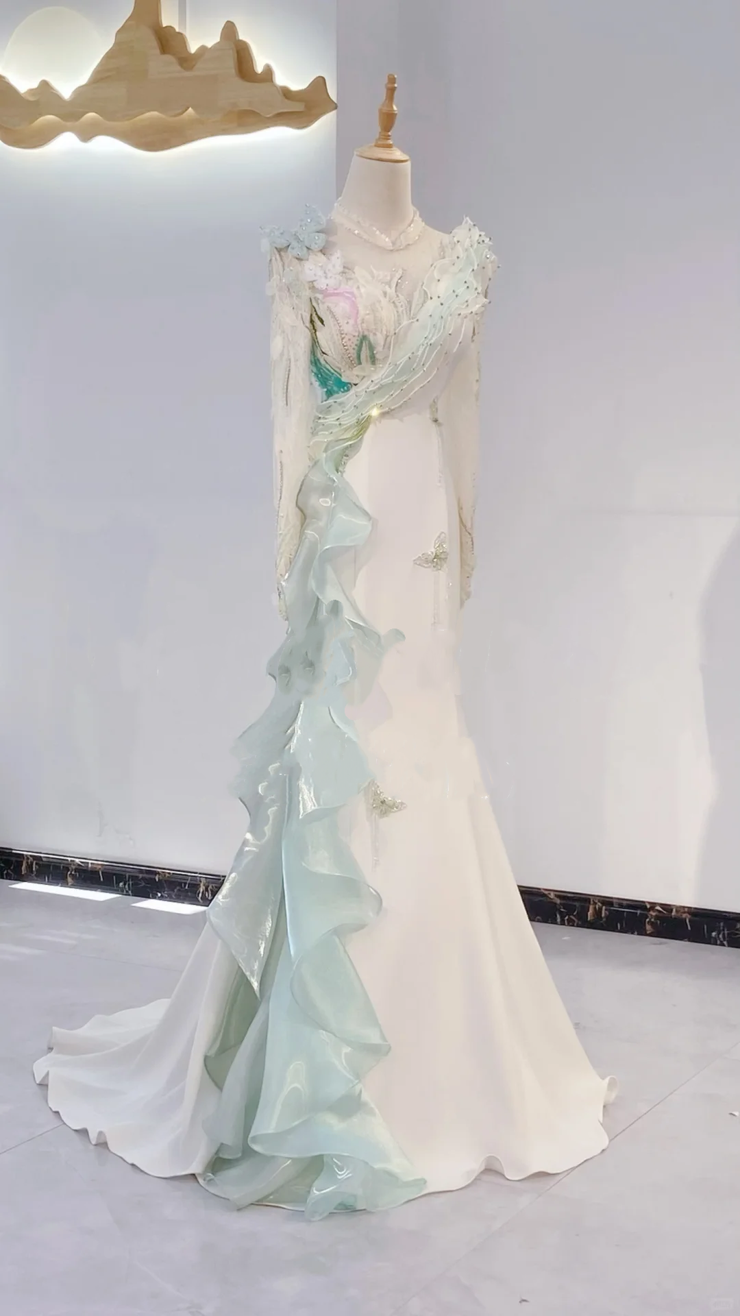 Light Green & White Color Block Waist-Cinched Fitted Grand Long Evening Dress, Fairy Gown, Romantic Gown gh7391