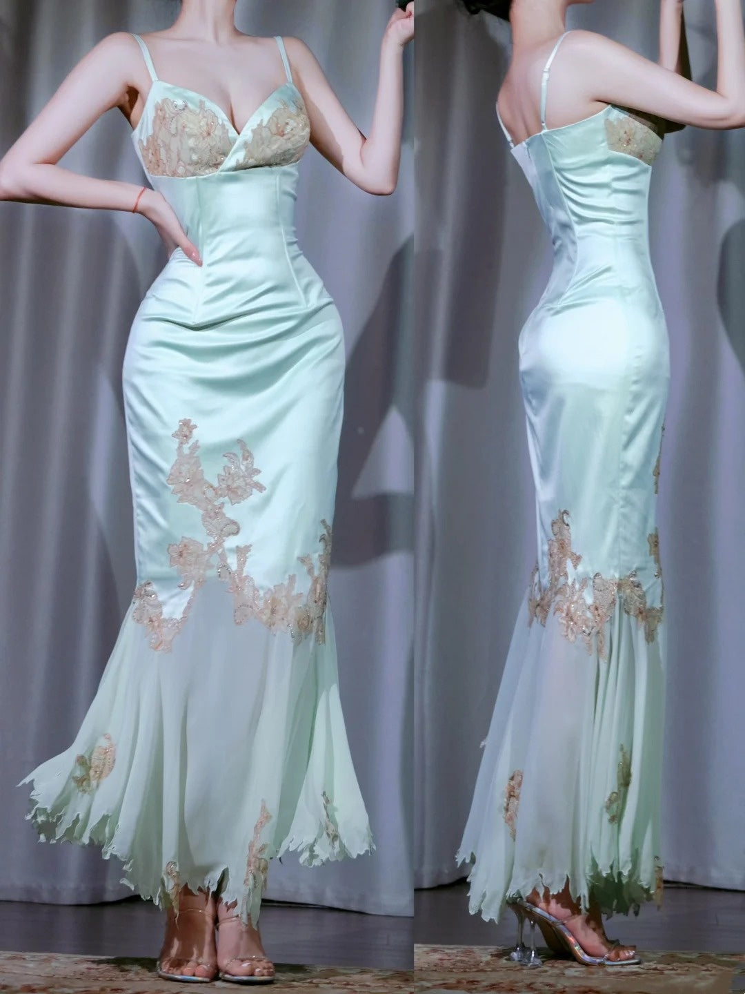 girlhomeshops-Retro Fashion Green Flower Langes Satin-Chiffon-Abendkleid Ballkleid gh5911