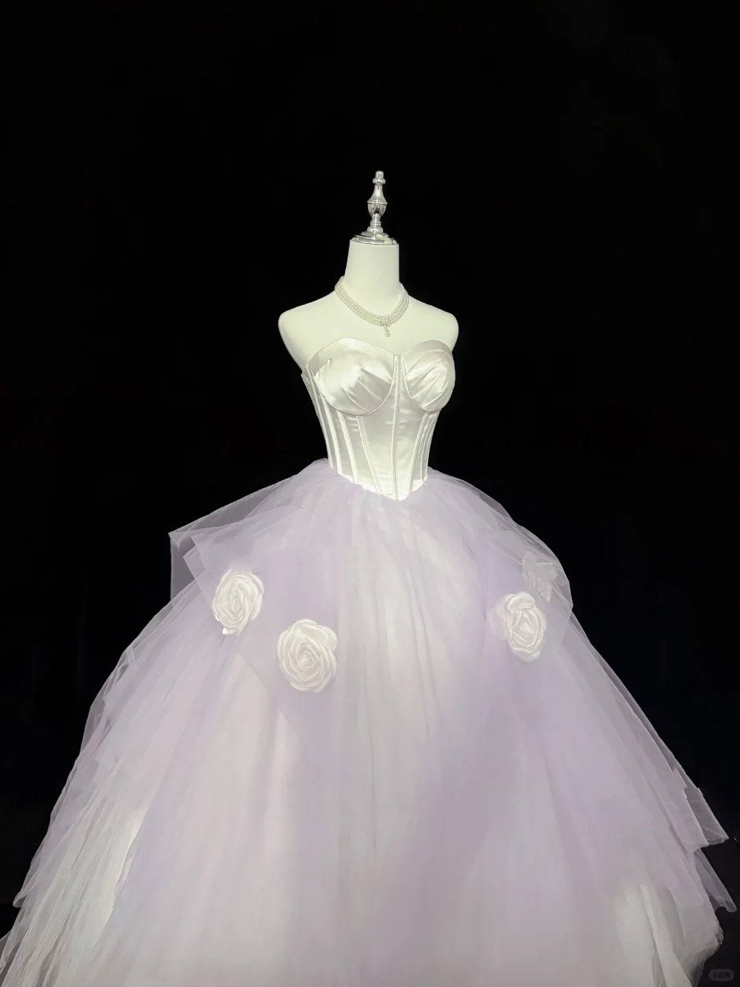 White Satin Strapless Cinched Waist Lavender Voluminous Skirt Long Romantic Dress, Wedding Gown gh7924