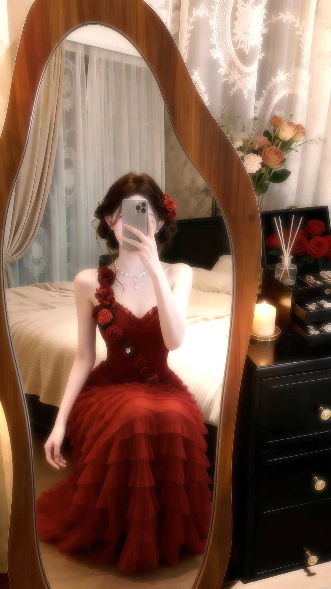 Burgundy One‑Shoulder Corset Evening Gown, 3D Rose Applique Tiered Ruffle Cake Tulle Prom Dress gh9139