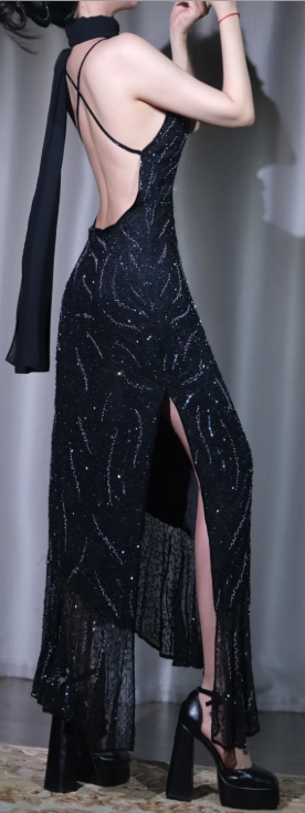✨Girlhomeshops-Black Wave Sequin Midi Gown Spaghetti Strap Backless Ruffle Mesh gh10129