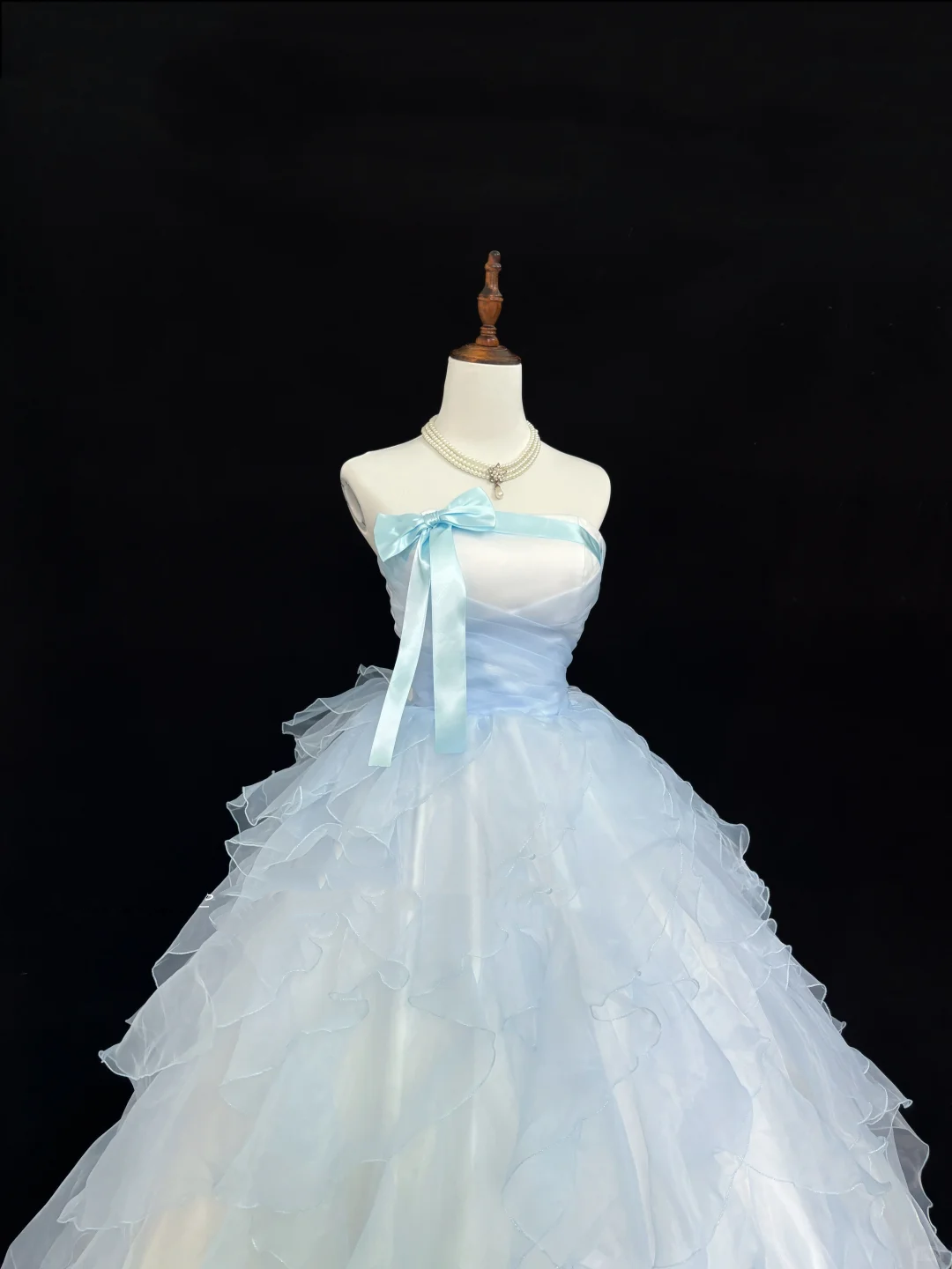 Light Blue Strapless Cinched Waist Voluminous Tiered Skirt Romantic Dress, Wedding Gown gh7925