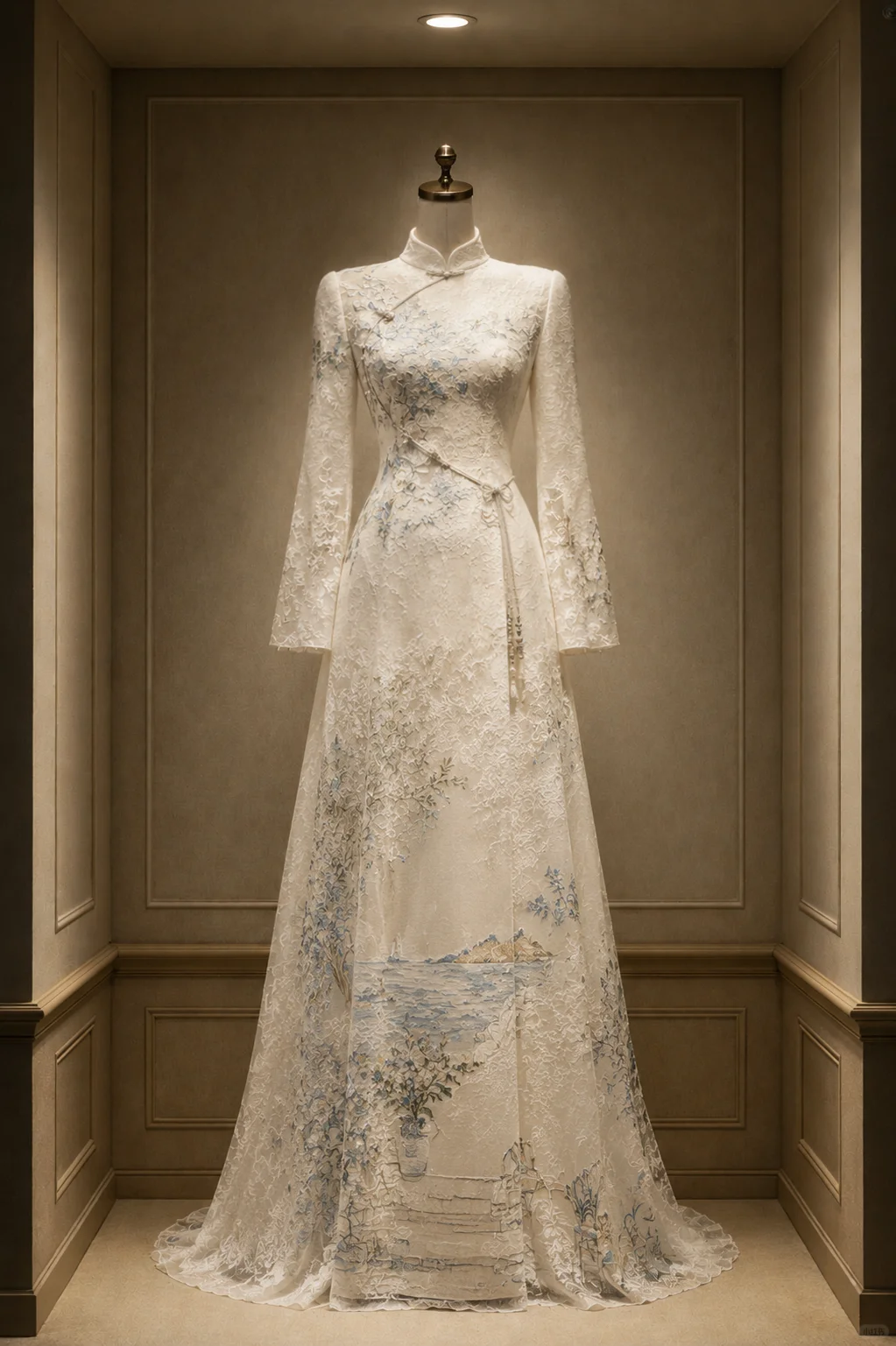 ✨Girlhomeshops-Ivory Chinese Landscape Embroidery Bell Sleeve Qipao Cheongsam Wedding Gown gh10391