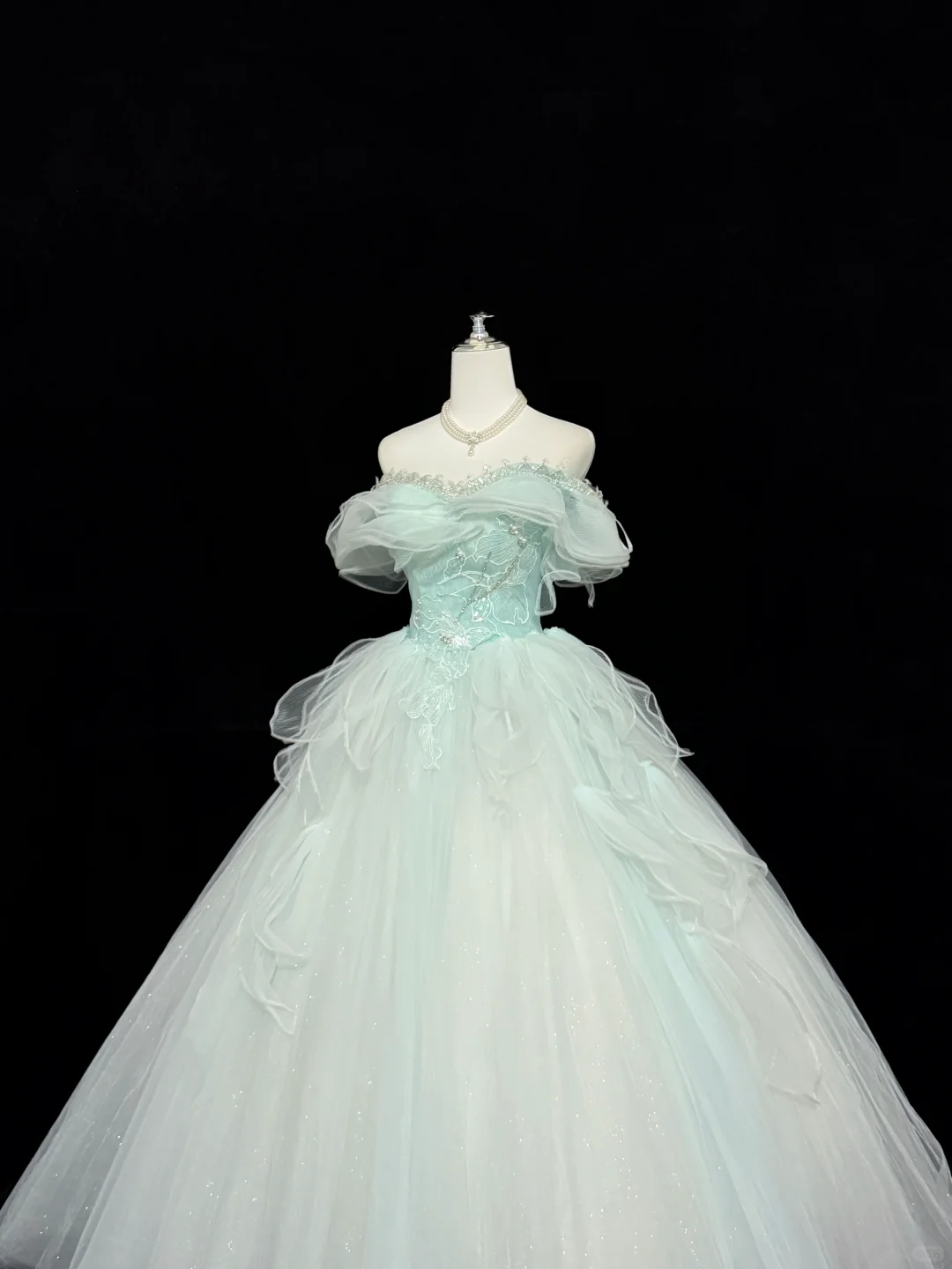 Light Blue Off-the-Shoulder Cinched Waist Voluminous Princess Skirt Long Romantic Dress, Wedding Gown gh7844