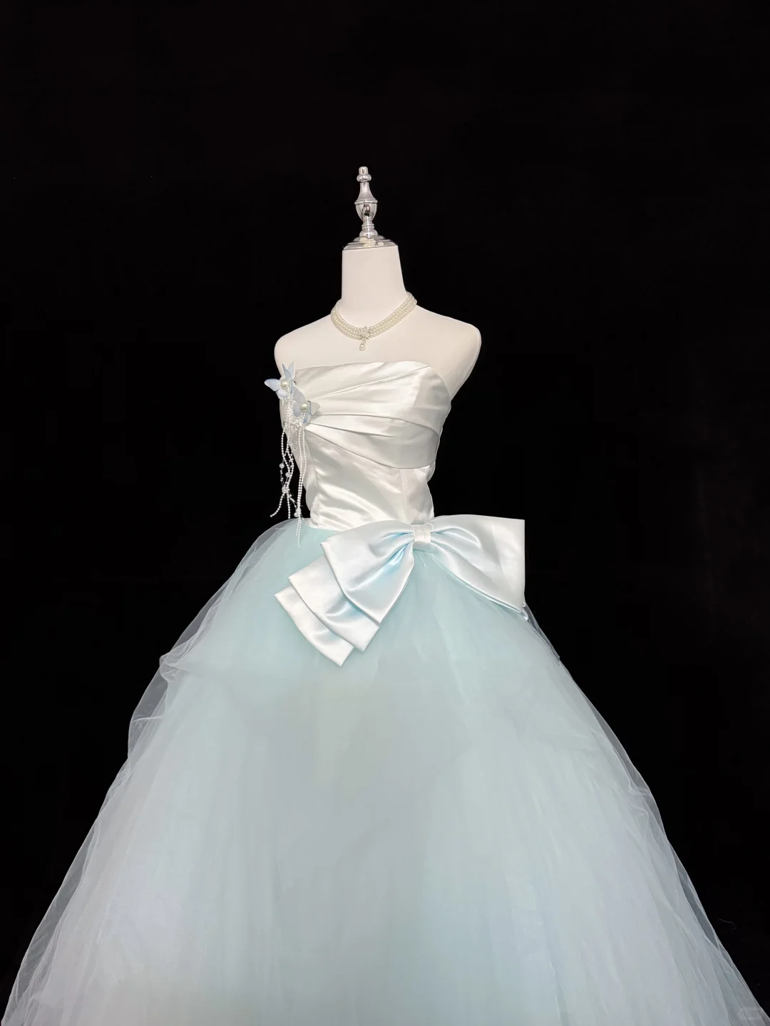 White Satin Strapless Cinched Waist Ombre Mint Green Voluminous Skirt Long Romantic Dress, Wedding Gown gh7929