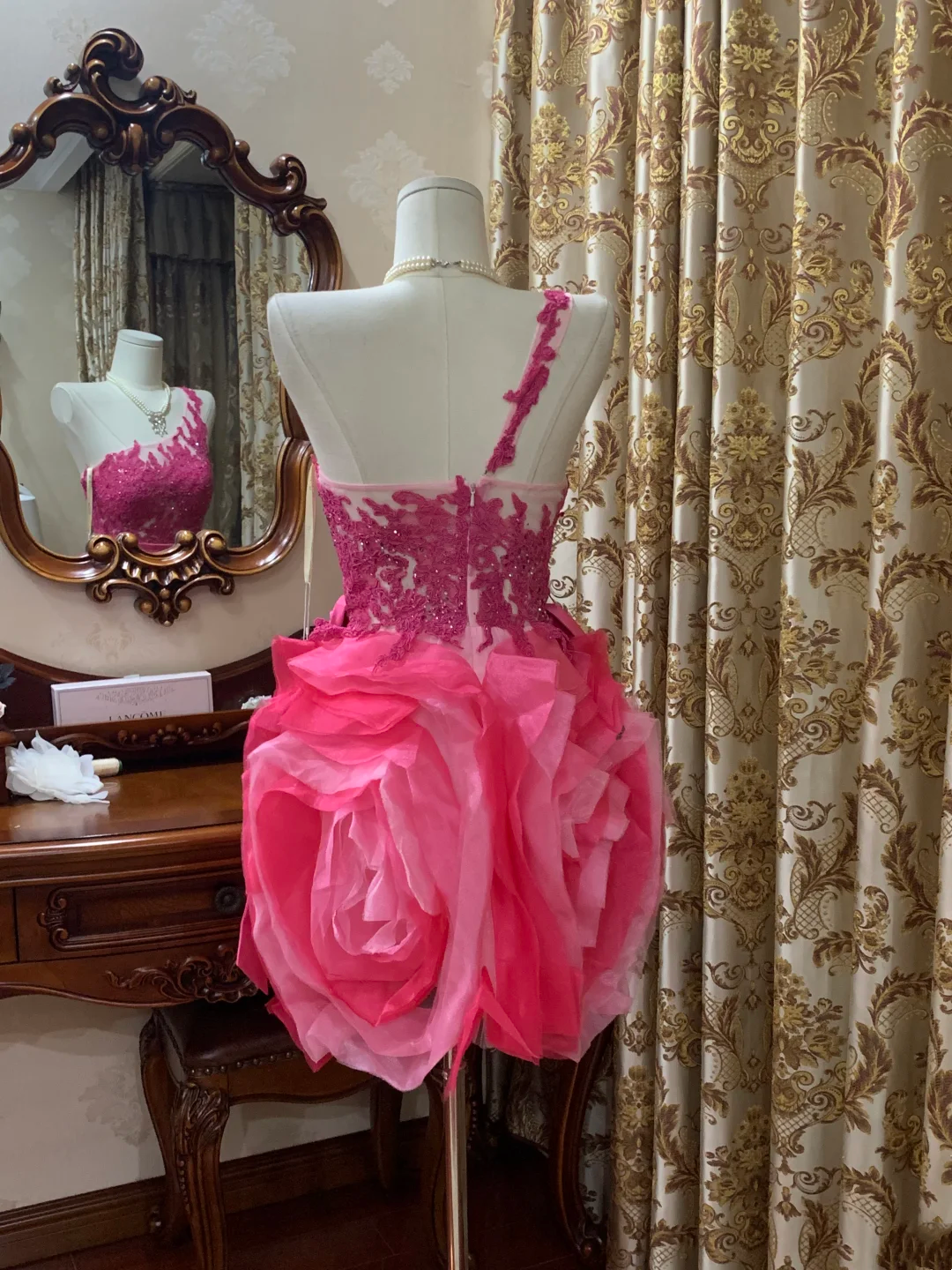 Rose Red One-Shoulder Waist-Cinched Bubble Mini Prom Dress, Evening Gown, Graduation Dress gh7250