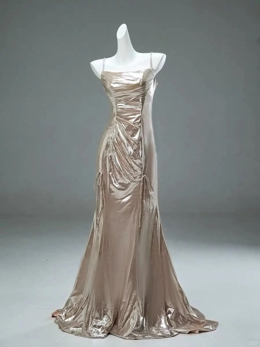 Robe de soirée longue en satin métallisé champagne gh4369