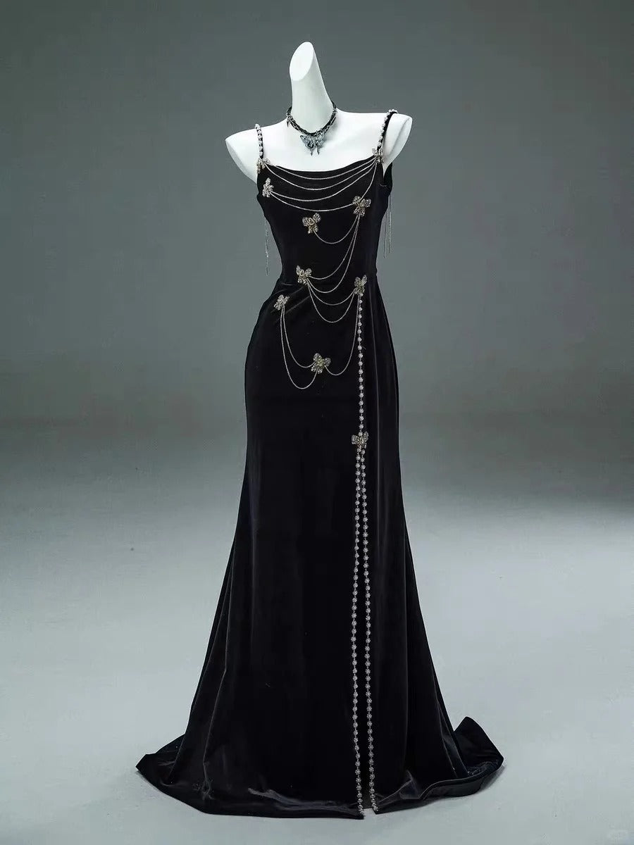 Schwarzes, perlenbesetztes, elegantes, langes Samtballkleid, Abendkleid, Partykleid gh4371