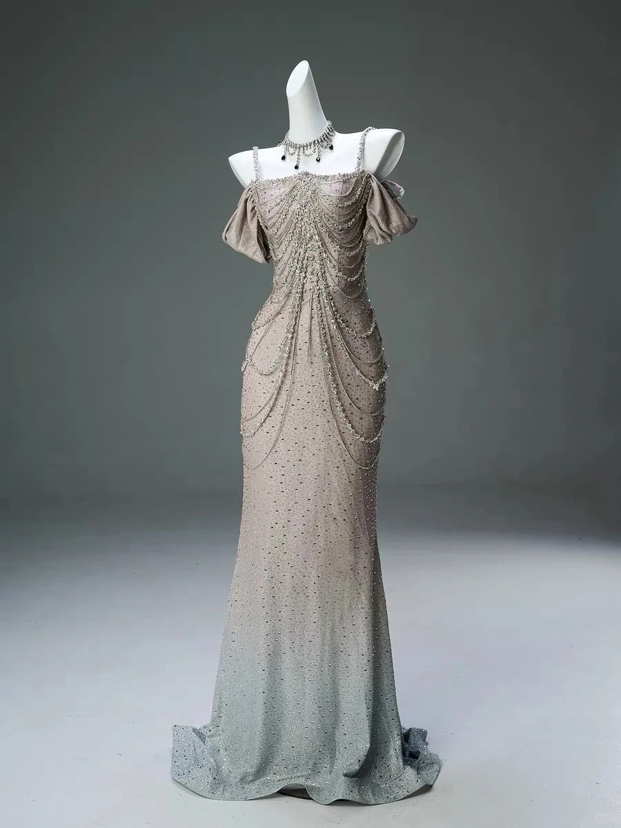 Champagner Wunderschöne Glänzende Gradienten Perlen Elegante Lange Satin Ballkleid Abendkleid Party Kleid gh4372