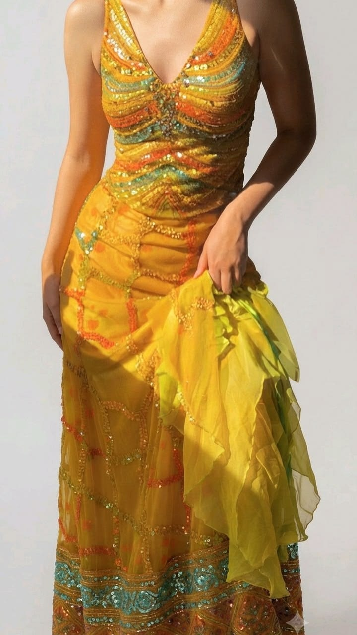 ✨Girlhomeshops-Golden Yellow V Neck Sequin Beaded Prom Dress, Irregular Ruffle Chiffon Long Evening Gown gh10228