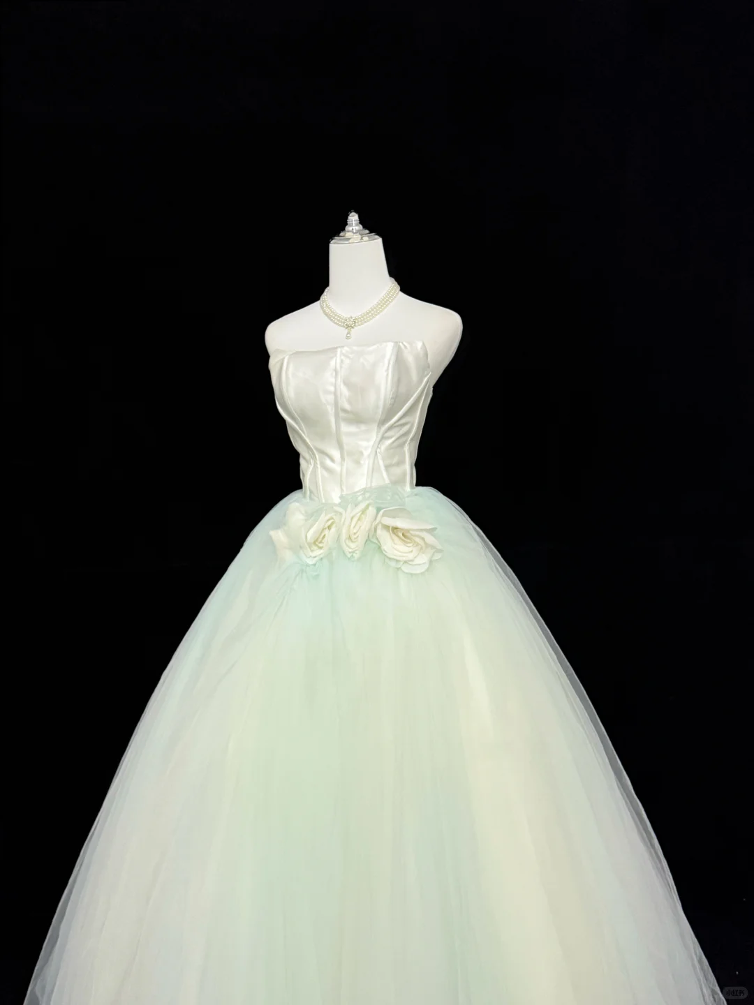 White Satin Strapless Cinched Waist Light Green Voluminous Skirt Long Romantic Dress, Wedding Gown gh7882