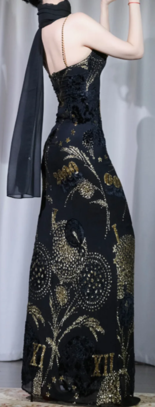 ✨Girlhomeshops-Black Gold Chain Strap Mermaid Prom Dress Vintage Sequin Evening Gown gh9983