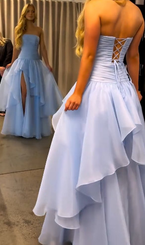 Light Blue Strapless Slit Sexy Prom Dress, Evening Gown gh7290