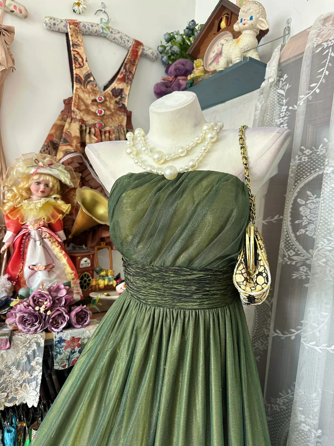 Muted Sage Strapless Waist-Cinched Maxi Vintage Formal Evening Party Gown gh7189