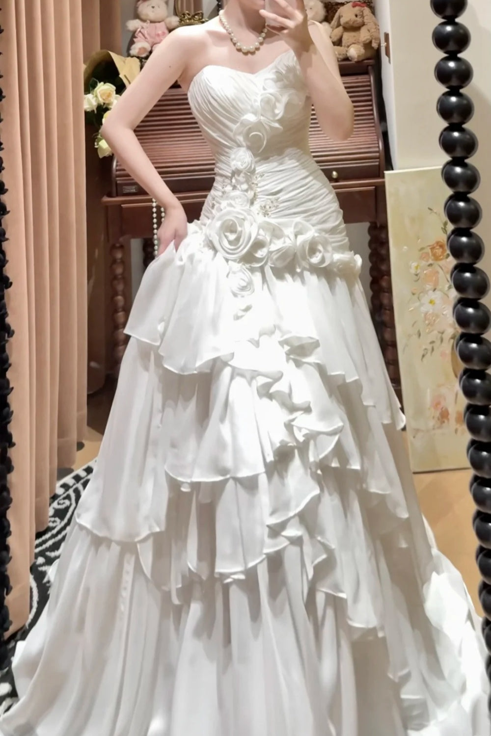 girlhomeshops-Weißes herzförmiger Ausschnitt, Blumenmuster, lang, Tüll, Prinzessin, formelles Ballkleid, Abschlusskleid, Abendkleid, Hochzeitskleid, gh5976